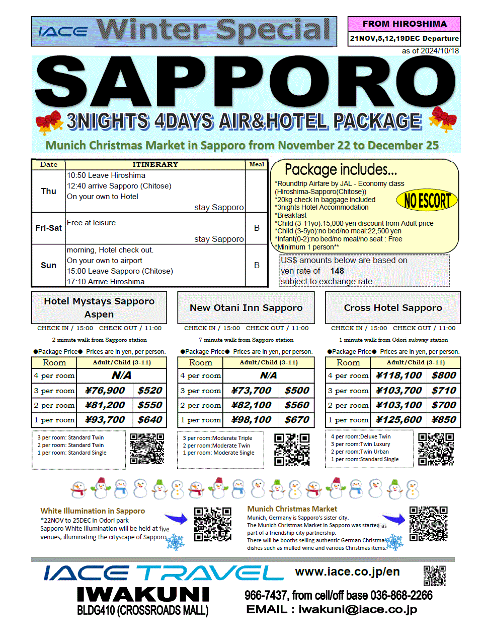 Sapporo 4days(from Hiroshima) *dep 21st NOV,5th,12th,19th DEC