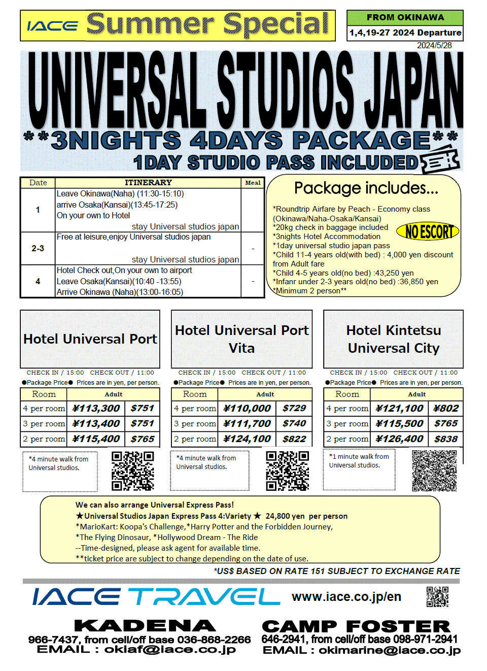 Universal studios Japan 4days *dep 1st,4th,19th-27th AUG